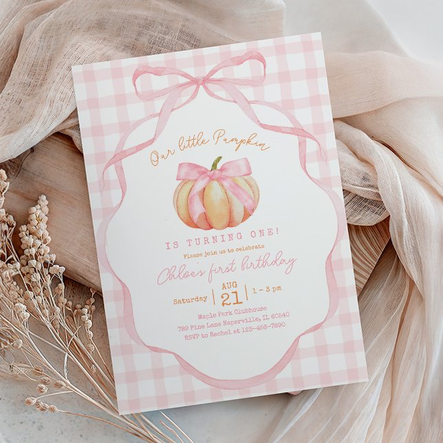 Pink Pumpkin 1st Birthday Bow and Plaid Invitation (Creator Uploaded)