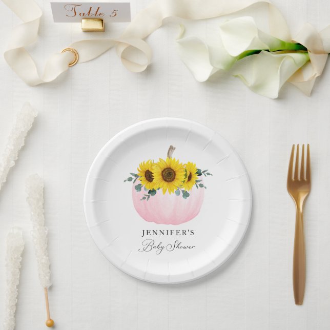 Pink Pumpkin and Sunflower Girl Baby Shower Paper Plate (Wedding)