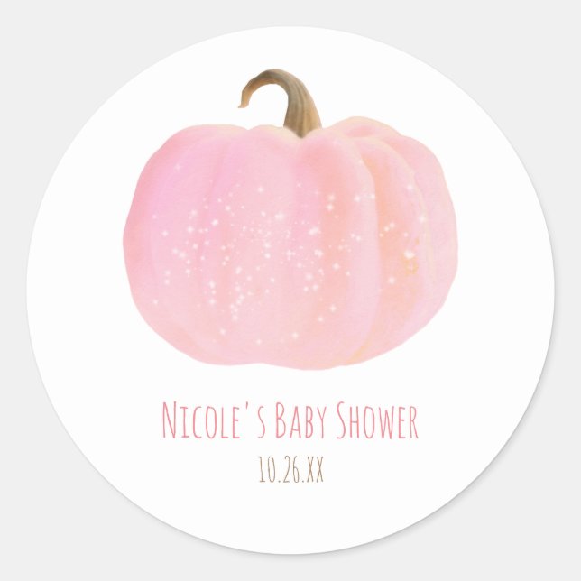 Pink Pumpkin Autumn Fall Rustic Baby Shower Classic Round Sticker (Front)