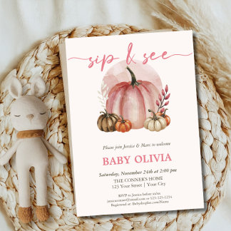 Pink Pumpkin Baby Girl Fall Sip And See Meet Greet Invitation