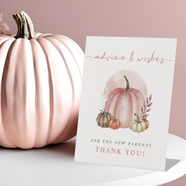 Pink Pumpkin Baby Shower Advice Wishes New Parents Pedestal Sign (Creator Uploaded)