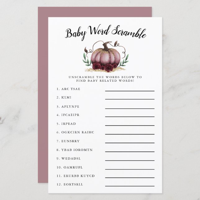 Pink Pumpkin Baby Word Scramble Game (Front/Back)