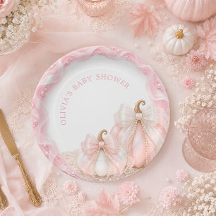 Pink Pumpkin Bow Elegant Baby Shower Paper Plate