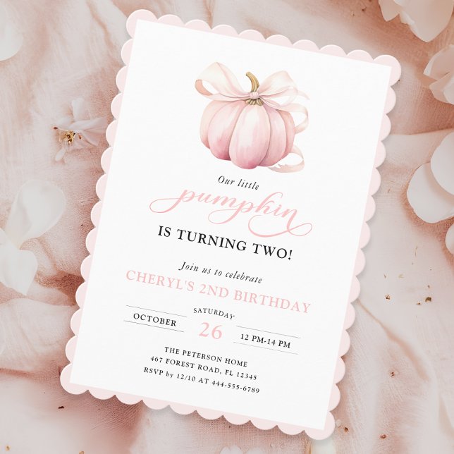 Pink Pumpkin Bow Girl 2nd Birthday Invitation (Creator Uploaded)