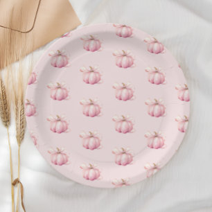 Pink Pumpkin Bow Girl Baby Shower Paper Plate