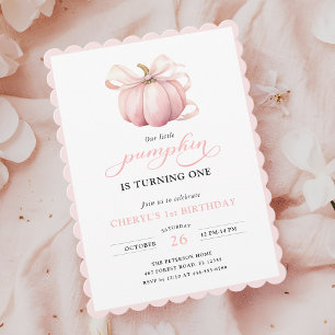 Pink Pumpkin Bow Girl First Birthday Invitation