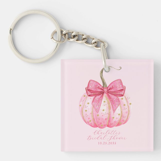 Pink Pumpkin Bow Personalised Bridal Shower Favour Key Ring (Front)