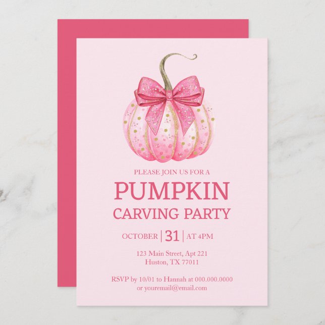 Pink Pumpkin Carving Party Halloween Invitation (Front/Back)