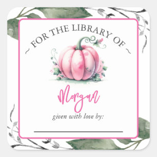 Pink Pumpkin Fall Baby Shower Bookplate Square Sticker