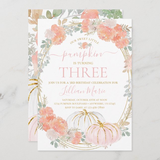 Pink Pumpkin Fall Birthday Invitation (Front/Back)