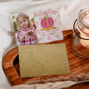 Pink Pumpkin Fall First 1st Birthday Invitation