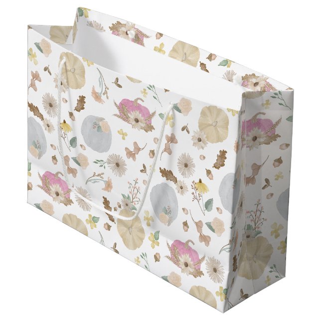 Pink Pumpkin Fall Floral Gift Bag (Front Angled)