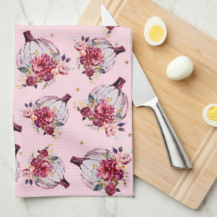 Pink pumpkin fall floral watercolor autumn pattern tea towel