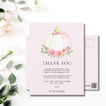 Pink Pumpkin Fall Girl's Baby Shower Thank You Postcard<br><div class="desc">Thank your family and friends for their thoughtful gifts and for attending your baby girl's shower with this pretty thank-you postcard.
It is decorated with a lovely watercolor of a pink pumpkin,  roses,  and green foliage on a soft pink background.
Easily customised.
Original Watercolor © Michele Davies.</div>