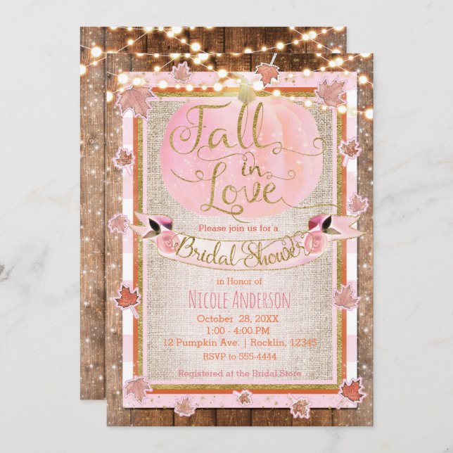 Pink Pumpkin Fall in Love Rustic Bridal Shower Invitation (Front/Back)
