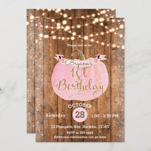 Pink Pumpkin Fall Rustic Wood Lights 1st Birthday Invitation (Front/Back)