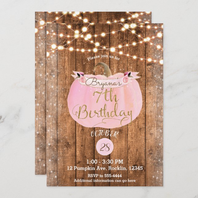 Pink Pumpkin Fall Rustic Wood Lights 7th Birthday Invitation (Front/Back)