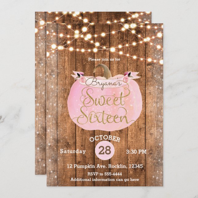 Pink Pumpkin Fall Rustic Wood Lights Sweet 16 Invitation (Front/Back)
