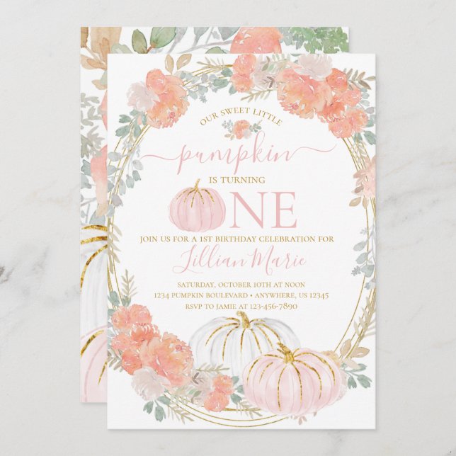 Pink Pumpkin First Birthday Invitation (Front/Back)