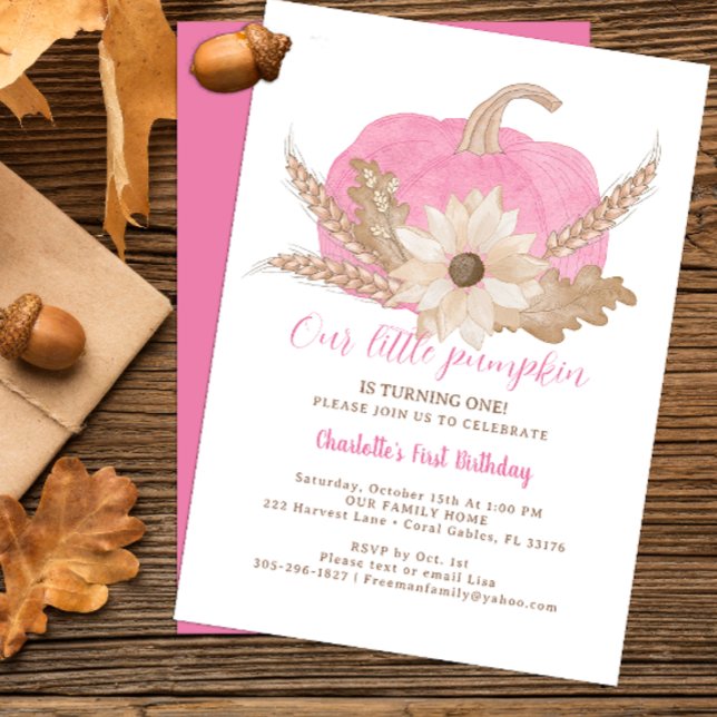 Pink Pumpkin First Birthday Invite (Pink pumpkin fall birthday party invitation)