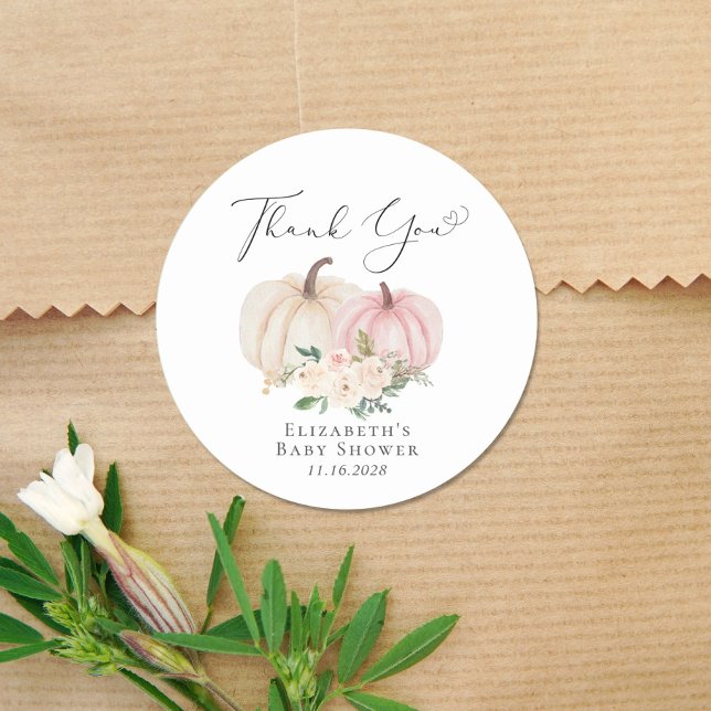 Pink Pumpkin Floral Baby Girl Shower Thank You Classic Round Sticker (Creator Uploaded)