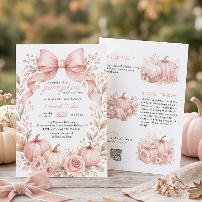 Pink Pumpkin Floral Bow Baby Shower Invitation (Creator Uploaded)