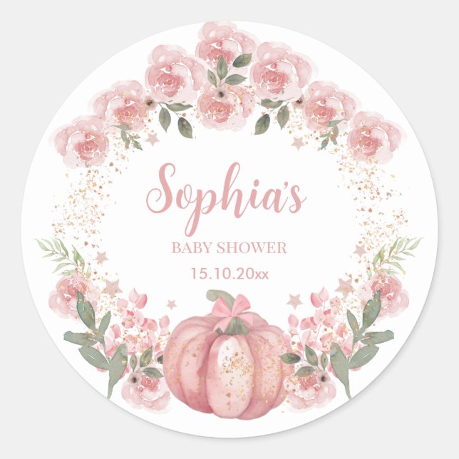 pink Pumpkin Floral Girl Baby Shower  Classic Round Sticker (Front)