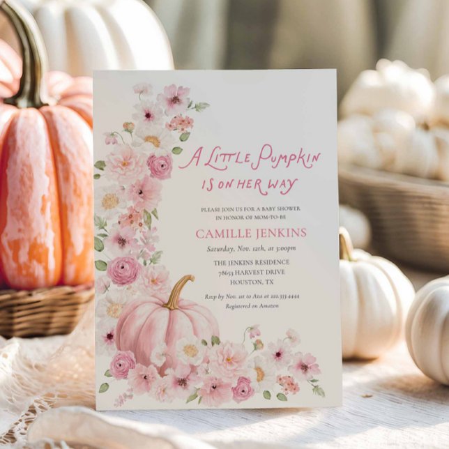 Pink Pumpkin Floral Girl Baby Shower Invitation (Pink Pumpkin Fall baby shower invitation)