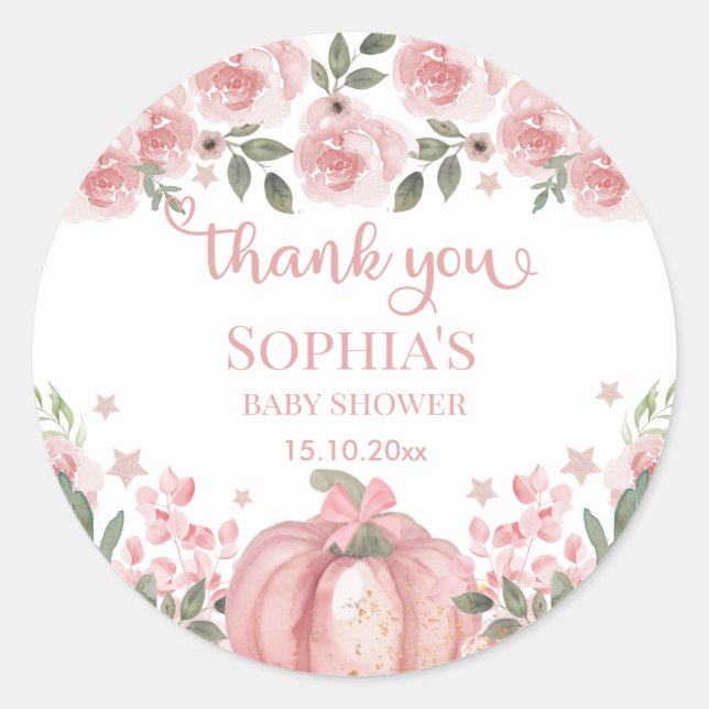 pink Pumpkin Floral Girl Baby Shower Thank You Classic Round Sticker (Front)