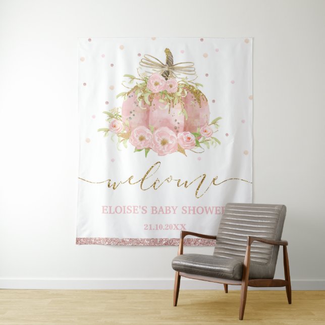 Pink Pumpkin Floral Girl Baby Shower Welcome Sign Tapestry (In Situ)