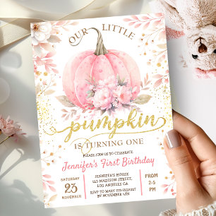 Pink Pumpkin Floral Gold Glitter Girl 1st Birthday Invitation