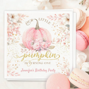 Pink Pumpkin Floral Gold Glitter Girl 1st Birthday Napkin