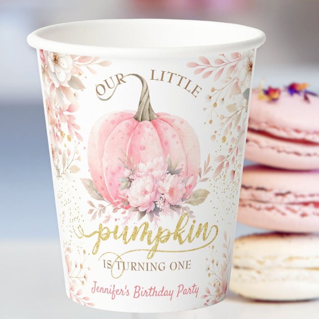 Pink Pumpkin Floral Gold Glitter Girl 1st Birthday Paper Cups (Creator Uploaded)