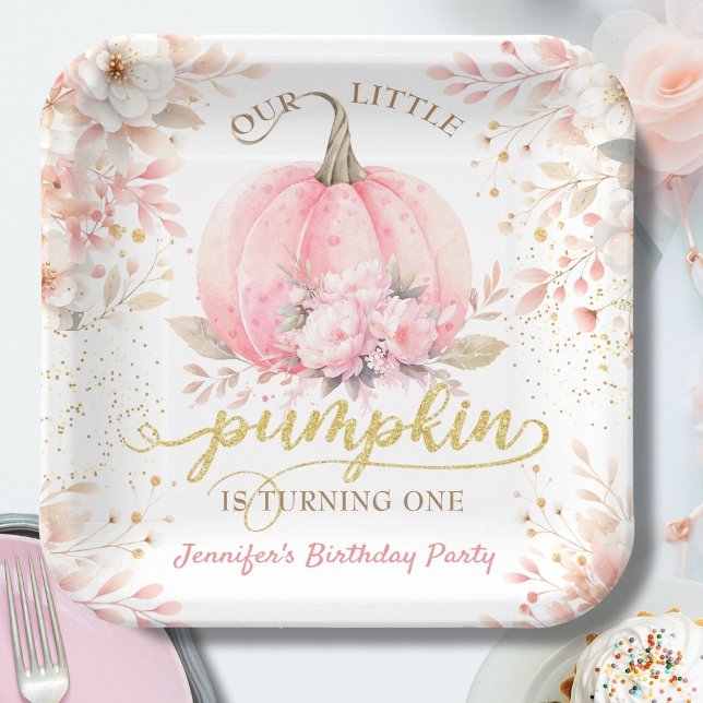 Pink Pumpkin Floral Gold Glitter Girl 1st Birthday Paper Plate (Creator Uploaded)