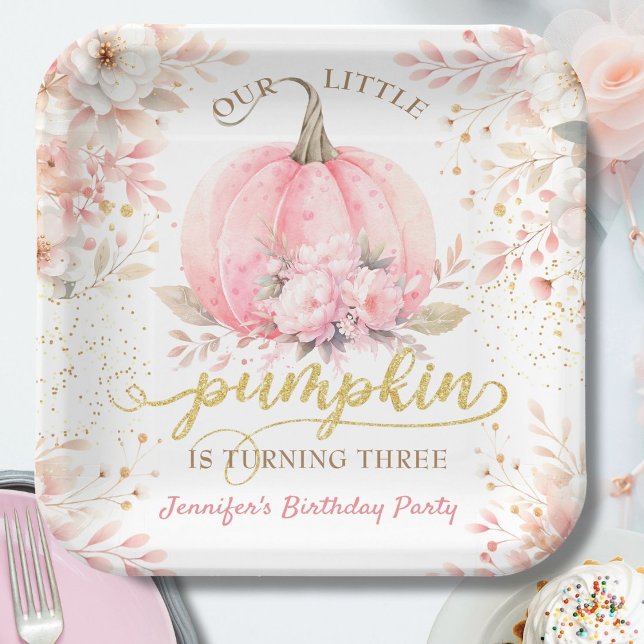 Pink Pumpkin Floral Gold Glitter Girl 3rd Birthday Paper Plate (Creator Uploaded)