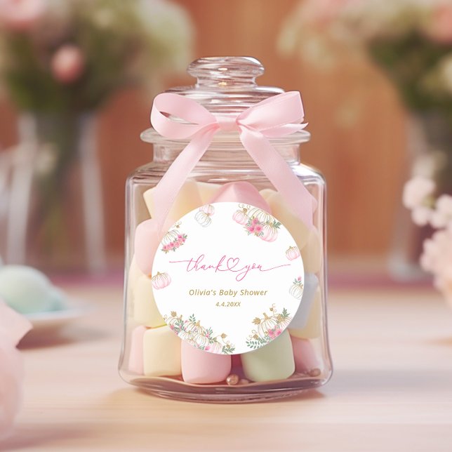 Pink Pumpkin Floral Thank You Classic Round Sticker (Creator Uploaded)