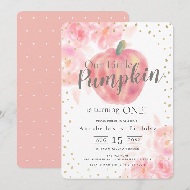 Pink Pumpkin & Floral Watercolor Girl 1st Birthday Invitation (Front/Back)
