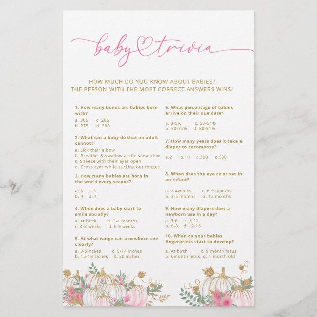 Pink Pumpkin Flowers Baby Trivia Game (Front)