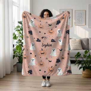 Pink Pumpkin Ghost Bat Custom Name Halloween Fleece Blanket
