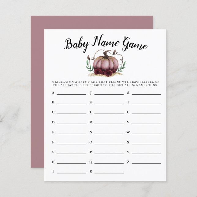 Pink Pumpkin Girl Baby Name Shower Game  (Front/Back)