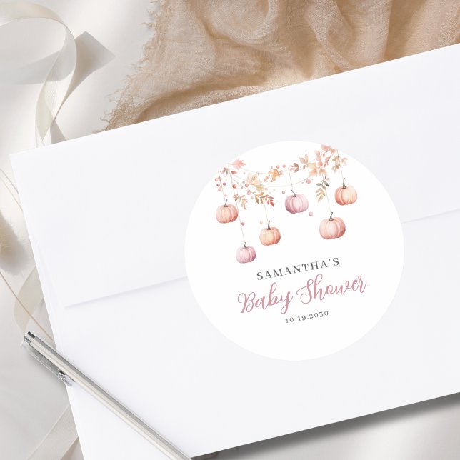 Pink Pumpkin Girl Baby Shower  Classic Round Sticker (Creator Uploaded)