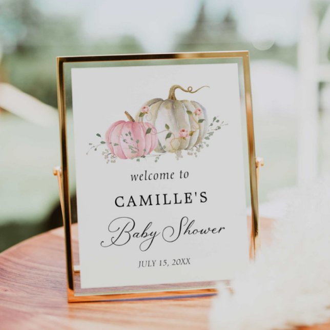 Pink Pumpkin Girl Baby Shower Welcome Poster Sign (Fall Pumpkin Girl Baby Shower Welcome Print)