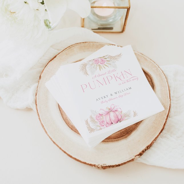 Pink Pumpkin Girl Floral Bow Baby Shower  Napkin (Creator Uploaded)