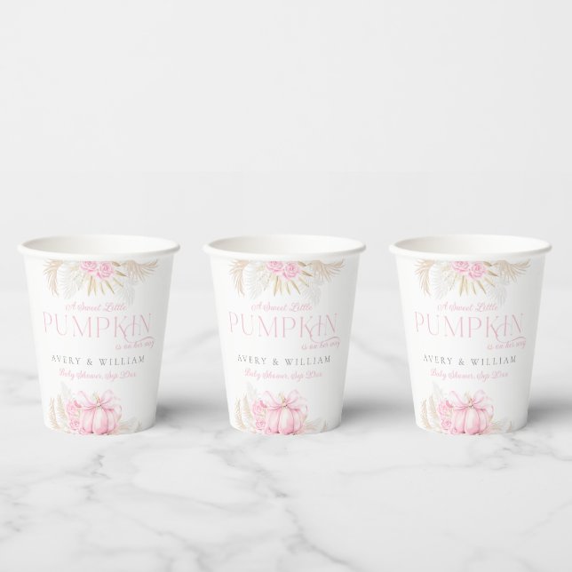 Pink Pumpkin Girl Floral Bow Baby Shower  Paper Cups (Multi)