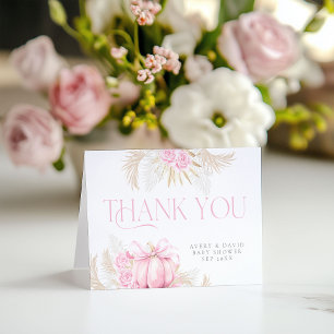Pink Pumpkin Girl Floral Bow Baby Shower  Thank You Card