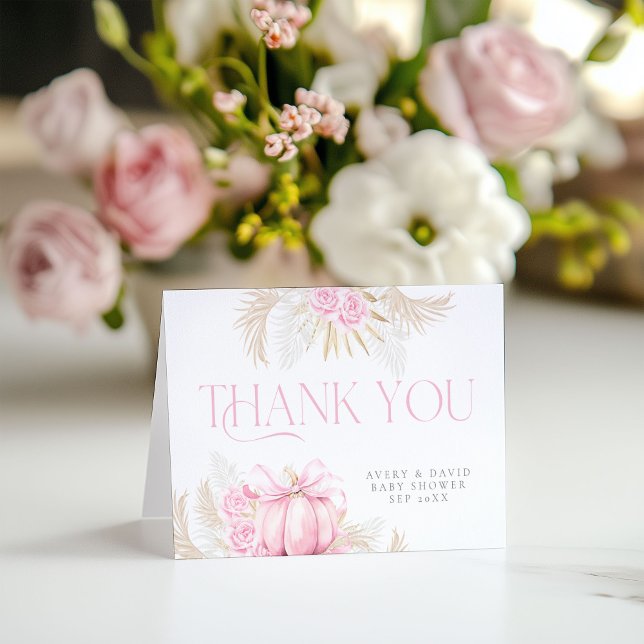Pink Pumpkin Girl Floral Bow Baby Shower  Thank You Card (Creator Uploaded)