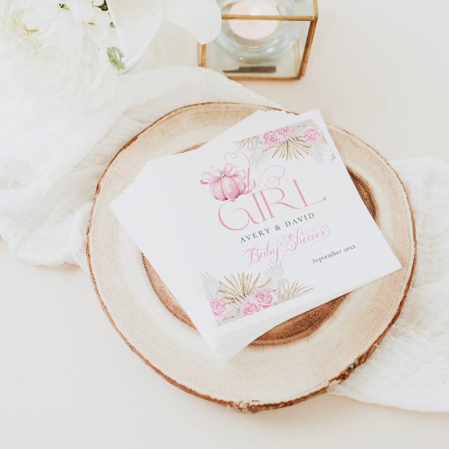 Pink Pumpkin Girl Floral Bow Baby Shower Welcome Napkin (Creator Uploaded)