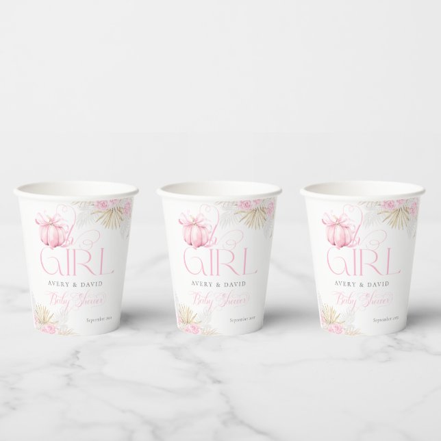 Pink Pumpkin Girl Floral Bow Baby Shower Welcome Paper Cups (Multi)