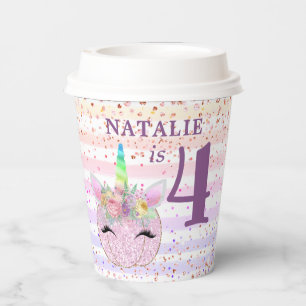 Pink Pumpkin Glitter Unicorn Fourth Birthday Paper Cups