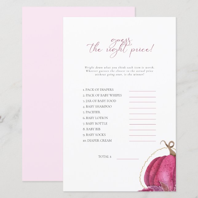 Pink Pumpkin Guess The Price Baby Shower Game  (Front/Back)